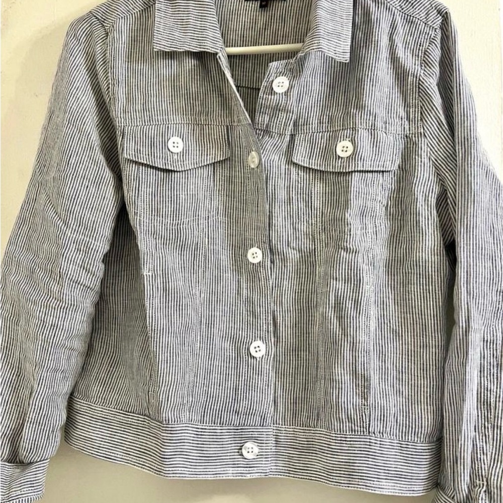 Quince 100% European Linen Jacket Blue White Pinstripe XL Like New
